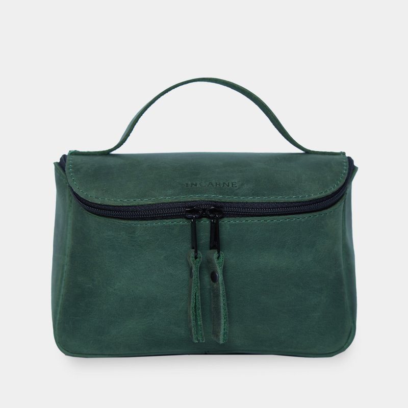Green vintage leather toiletry bag – Handmade cosmetic organizer - Toiletry Bags & Pouches - Genuine Leather Green