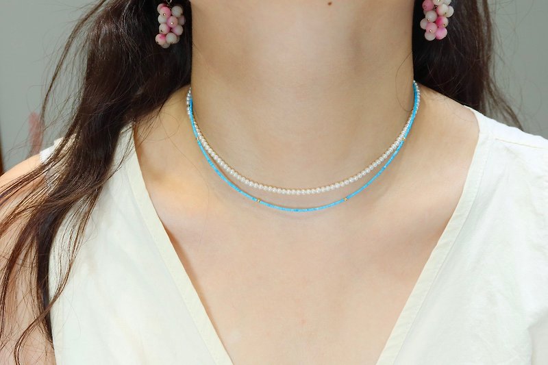 Natural trumpet mountain material turquoise 18k gold accessories design necklace multi-circle bracelet bracelet s - สร้อยข้อมือ - เครื่องเพชรพลอย สีน้ำเงิน