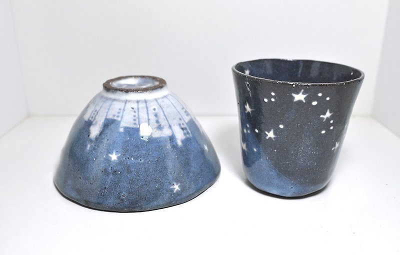 星と街のごはん茶碗と星のタンブラーのセット - 花瓶/陶器 - 陶 藍色