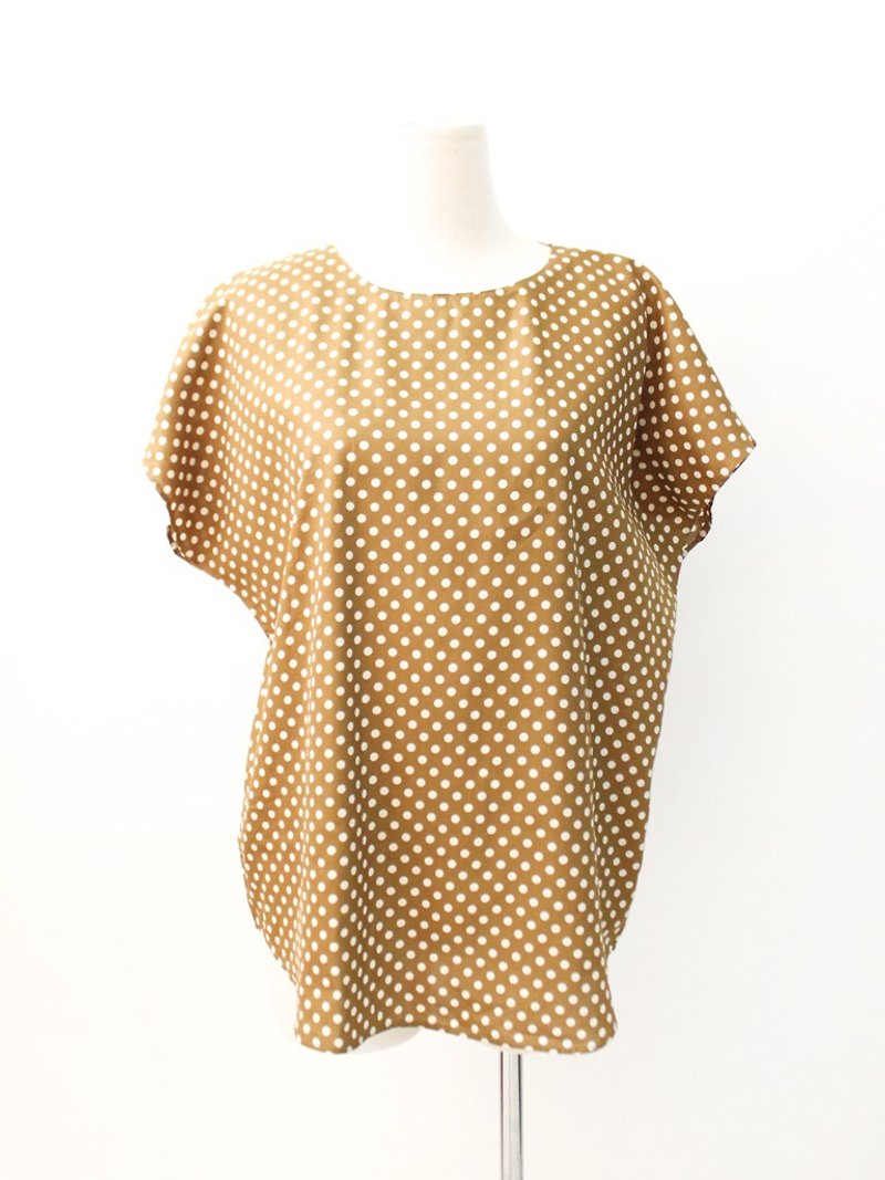 Vintage Japanese Dotted Loose Olive Short Sleeve Vintage Shirt Vintage Blouse - Women's Shirts - Polyester Orange