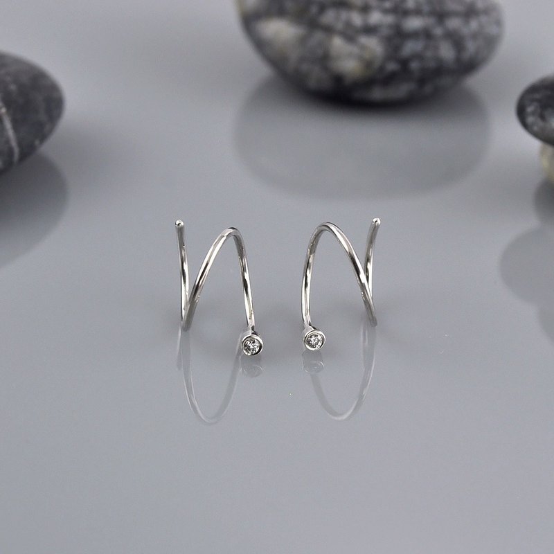 Hoop Double pierced earring with white CZ (Hoop diameter 8mm),Sterling Silver - Earrings & Clip-ons - Sterling Silver Silver