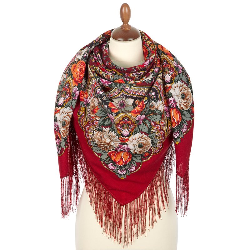 Pavlovo Posad Russian Shawl 100% Wool Scarf 125x125 cm Wrap Silk Fringe 1851-5 - 絲巾 - 羊毛 紅色