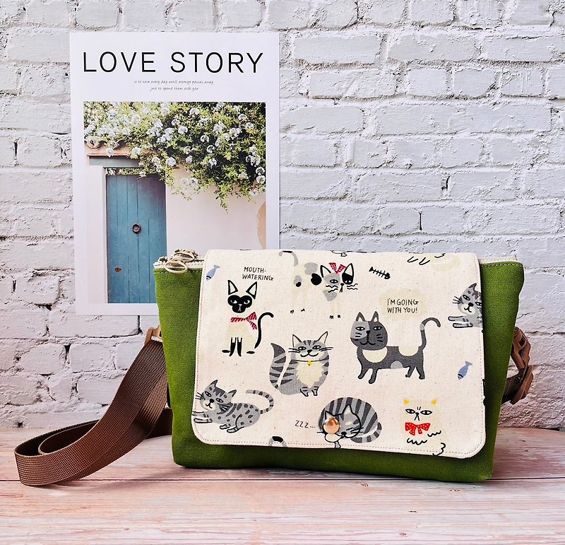 Love handmade three-layer side backpack-French elegant cat - Messenger Bags & Sling Bags - Cotton & Hemp Multicolor