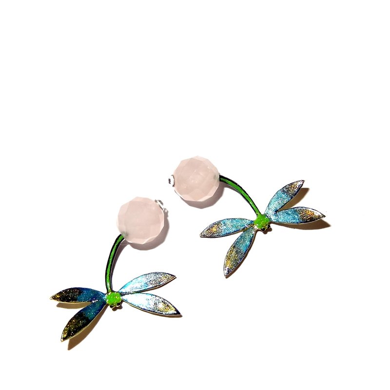 Enamel series enamel dragonfly pink crystal earrings handmade jewelry pre-order - Earrings & Clip-ons - Gemstone Green