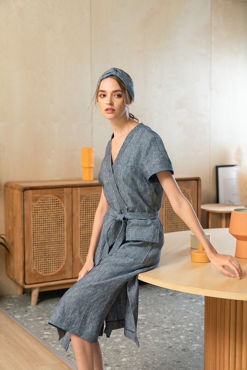 Linen Kimono Robe with headband. Wrapped and tie, belt and triple trimming