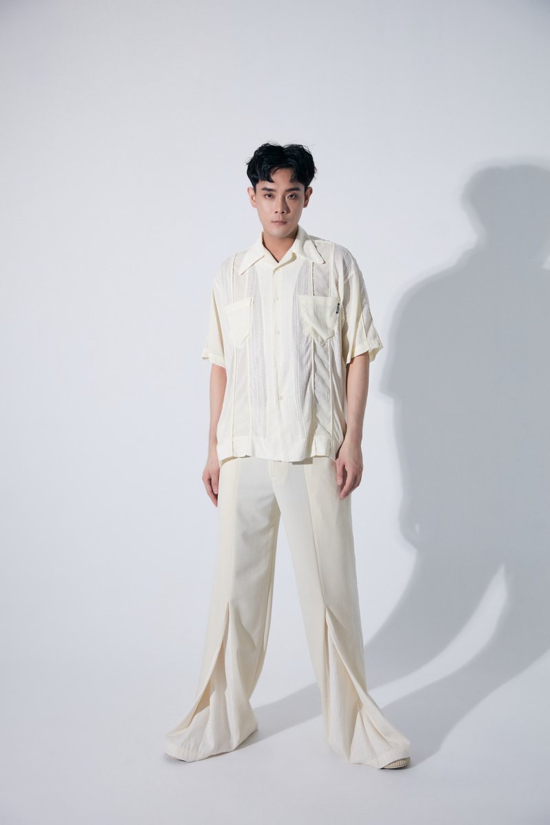 蕾絲拼接出芽上衣 - 男襯衫/休閒襯衫 - 聚酯纖維 白色