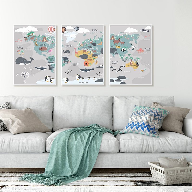 World Map_Painting_Animal Series_Made in Taiwan and shipped quickly within two working days - โปสเตอร์ - ผ้าฝ้าย/ผ้าลินิน หลากหลายสี