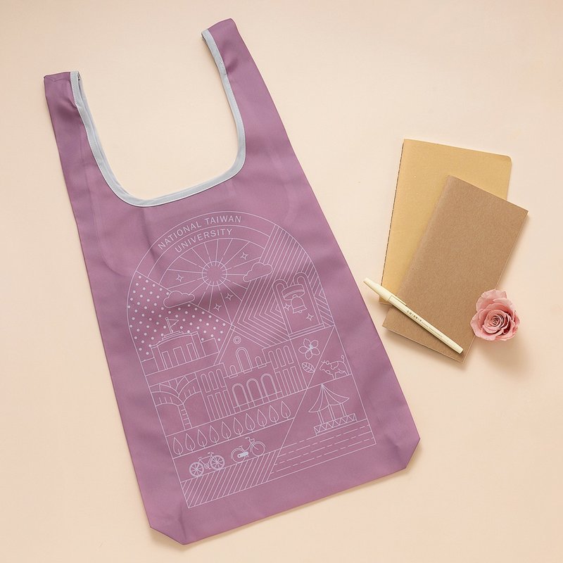 臺灣大學 NTU摺疊購物袋-校園風景V3(粉藕) - 手提包/手提袋 - 其他材質 粉紅色
