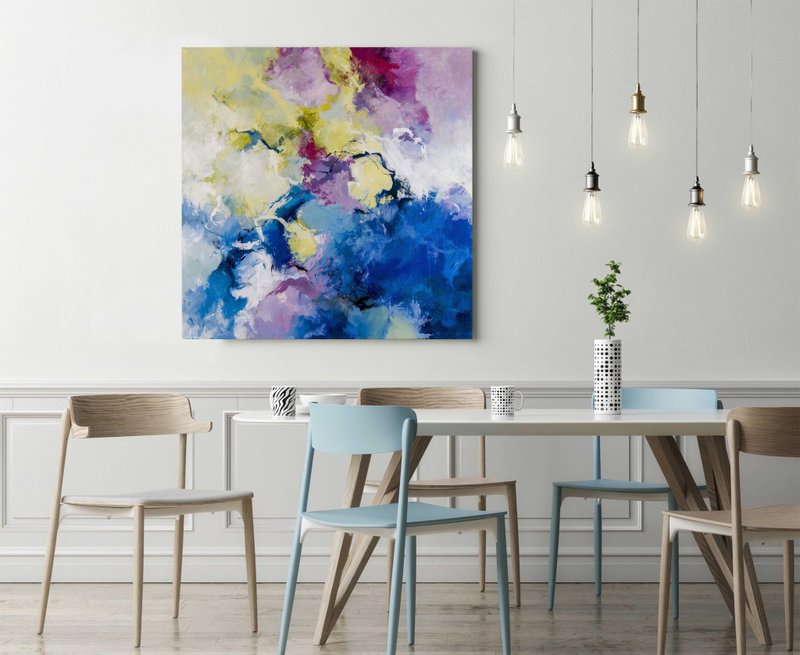 Blue Yellow Pink Abstract|Blue Yellow Pink Painting|Blue Yellow Pink art| Splash - 壁貼/牆壁裝飾 - 棉．麻 藍色