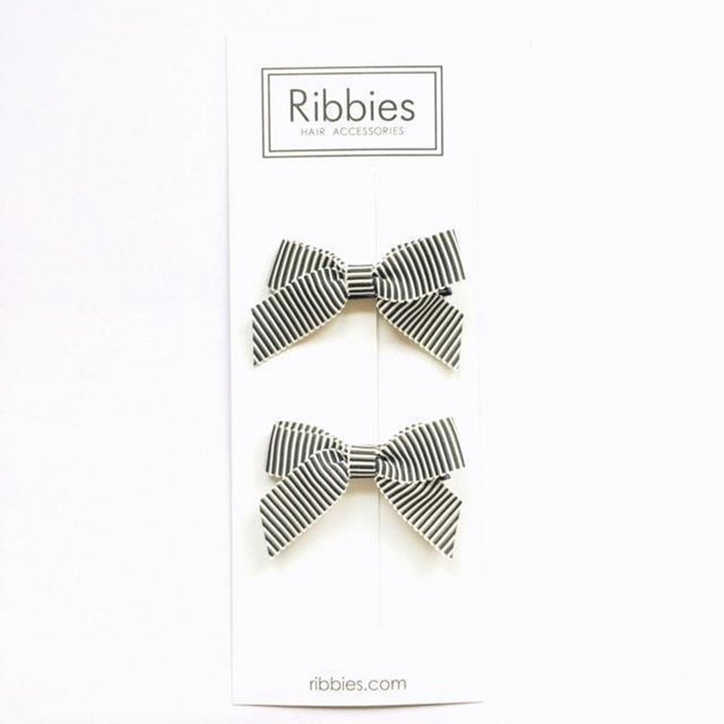 英國Ribbies 經典蝴蝶結2入組-黑白細條紋 - 髮夾/髮圈 - 聚酯纖維 