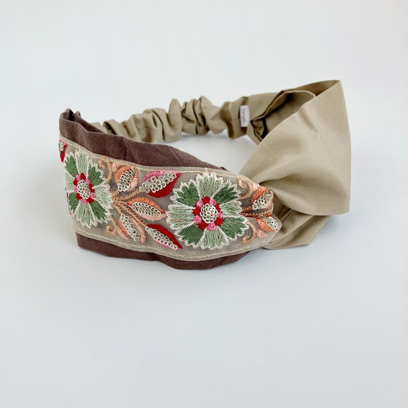現貨 日本刺繡緞帶 綠色花朵 棕色 日本布 交叉髮帶 - 髮箍/髮帶 - 棉．麻 咖啡色