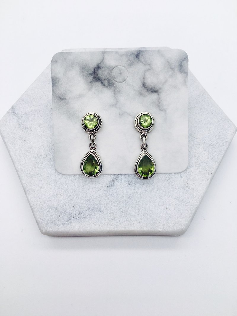 橄欖石925純銀雙寶石設計耳環 尼泊爾手工鑲嵌製作 - 耳環/耳夾 - 寶石 綠色