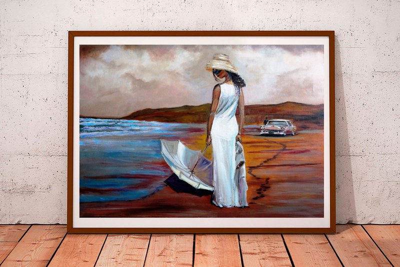 Girl on the Beach Painting Oil 油畫原作 Seascape Original Art Artwork Impasto - โปสเตอร์ - สี หลากหลายสี