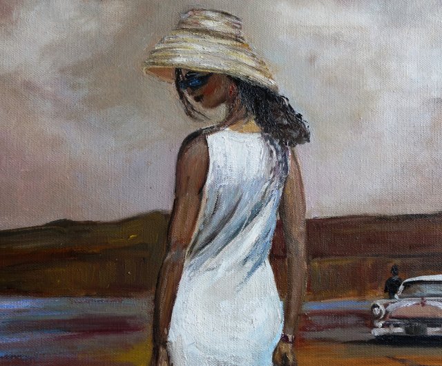 少女と海辺 絵画 油絵 画家不明