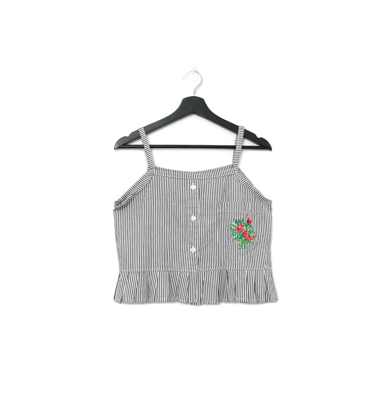 Back to Green-再製刺繡背心 條紋胸前口袋 sv-16/vintage vest - 背心/無袖上衣 - 棉．麻 
