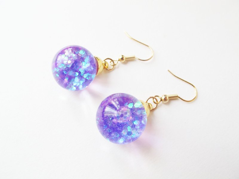 Rosy Garden 紫羅蘭色亮片流動水晶玻璃球鉤式耳環 可換夾式 - 耳環/耳夾 - 玻璃 紫色