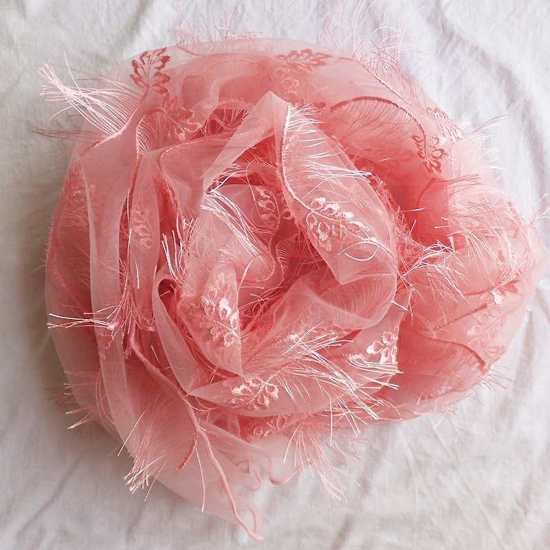 波西米亞流蘇系列 蕾絲微圍巾 領巾-蜜桃粉 - 絲巾 - 聚酯纖維 粉紅色