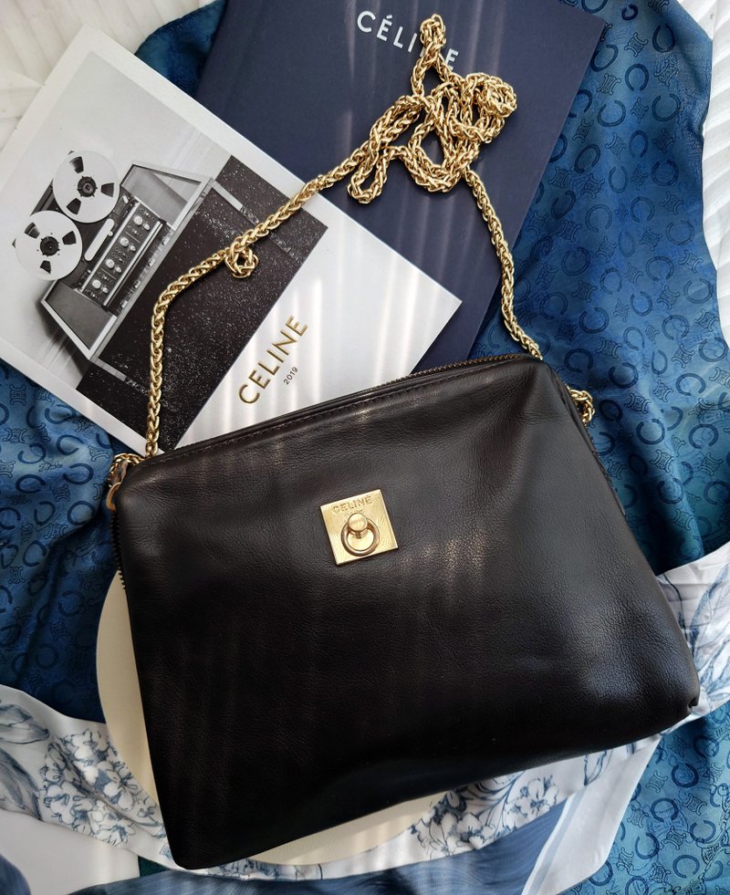 Second-hand bag CELINE black gold chain bag cosmetic bag cloud bag crossbody bag crossbody bag clutch bag shoulder bag - กระเป๋าแมสเซนเจอร์ - หนังแท้ สีดำ