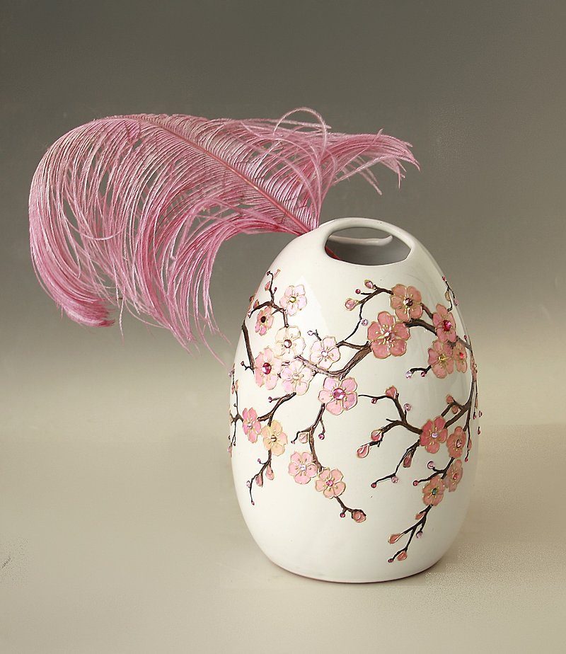 Sakura Cherry Blossom Ceramic Vase Swarovski Crystals - Items for Display - Pottery Pink