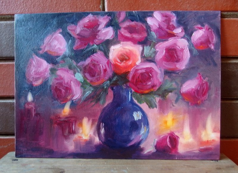 Roses and burning candles flames original handmade oil painting still life 25x35 - ตกแต่งผนัง - วัสดุอื่นๆ สีแดง