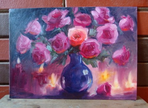 Contrast Painting 玫瑰和燃燒的蠟燭火焰原創手工油畫靜物