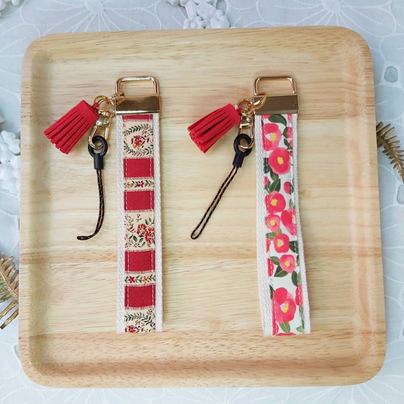 Red Japanese and Korean flower cloth tassel mobile phone anti-drop wrist strap - Lanyards & Straps - Cotton & Hemp Red