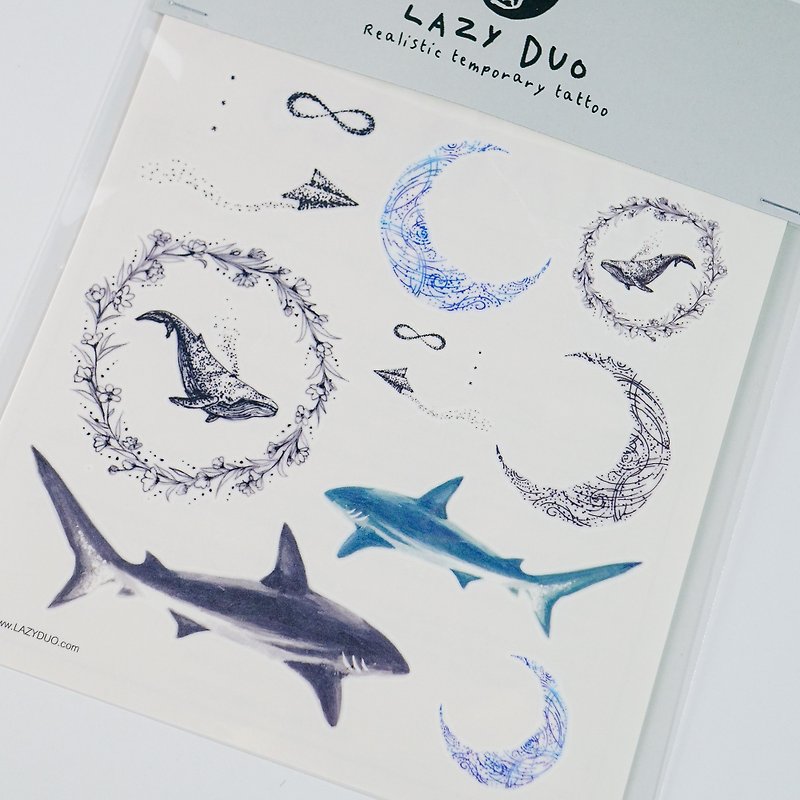 LAZY DUO手繪鯨魚水彩深海抹香鯨海洋動物刺青紋身貼紙花草防敏感 - 紋身貼紙 - 紙 灰色