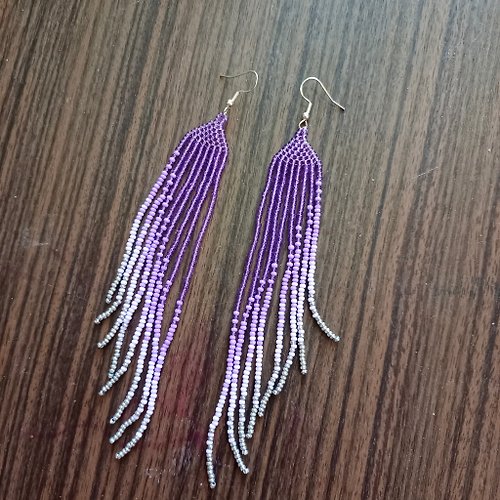 White Bird gallery of exquisite jewelry from Halyna Nalyvaiko Extra long gradient earrings Seed bead earrings Boho ombre earrings purpl