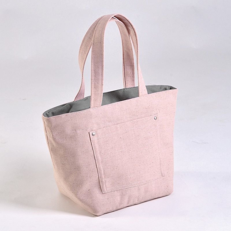 外貼口袋托特包-櫻花粉 - 手提包/手提袋 - 棉．麻 粉紅色