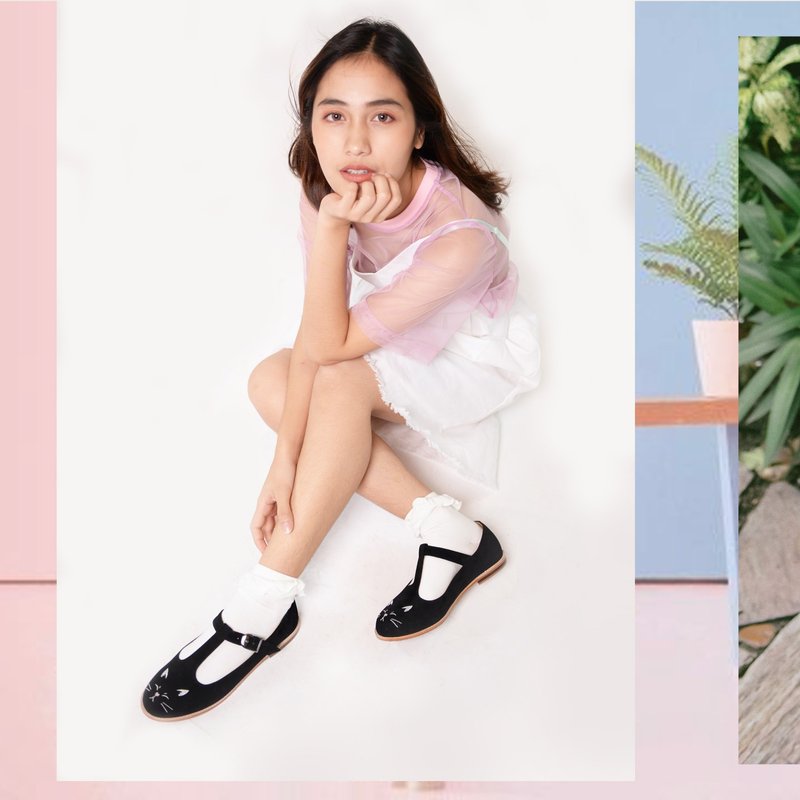 Blackcat shoes - 女休閒鞋/帆布鞋 - 繡線 黑色