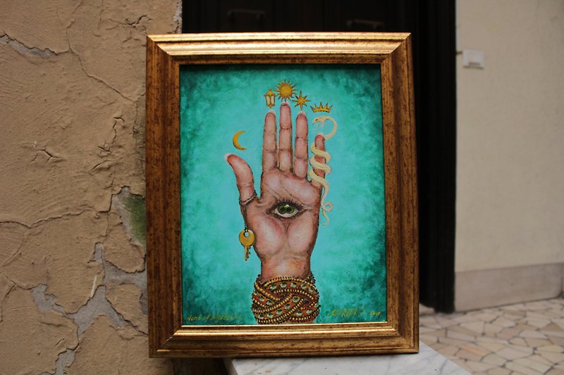 Philosopher's Hand, Tarot hand of mystery oil original painting, chiromancy moon - วาดภาพ/ศิลปะการเขียน - วัสดุอีโค หลากหลายสี