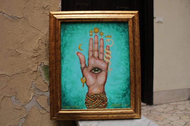 Philosopher's Hand, Tarot hand of mystery oil original painting, chiromancy moon - วาดภาพ/ศิลปะการเขียน - วัสดุอีโค หลากหลายสี