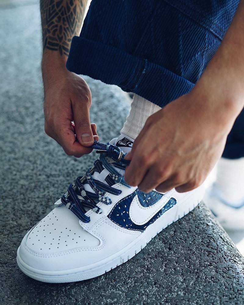 Handmade custom indigo patchwork Nike Dunk Low