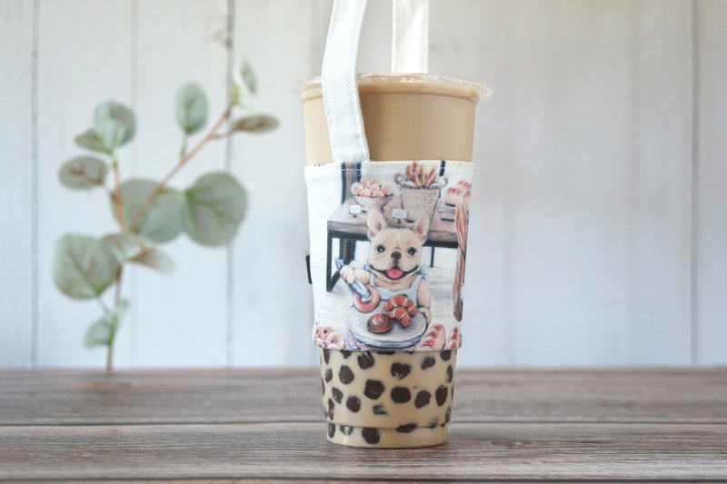 French Bulldog's Happy Bakery - Illustrated Cup Holder (Spring/Summer) - ถุงใส่กระติกนำ้ - ผ้าฝ้าย/ผ้าลินิน ขาว