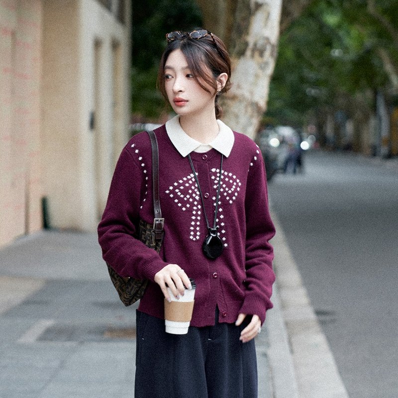 Bow jacquard cardigan | knitted sweater | two colors | autumn and winter | Sora-1671 - สเวตเตอร์ผู้หญิง - ขนแกะ หลากหลายสี