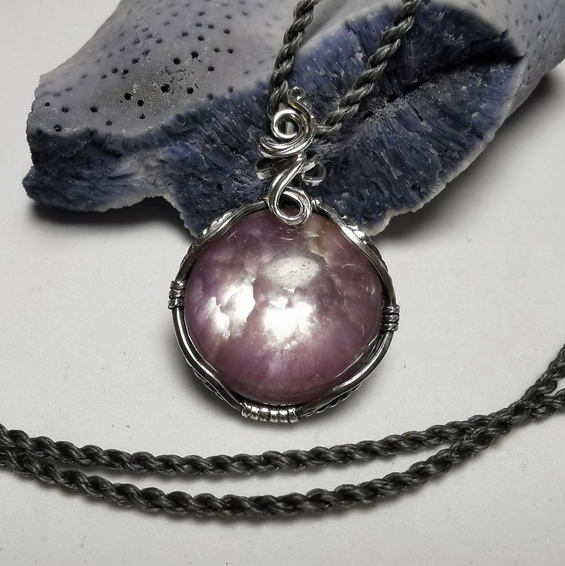 Lepidolite-Pure Silver Braided Design Pendant/With Waterproof Wax Line Necklace/Adjustable Length - Necklaces - Semi-Precious Stones Pink