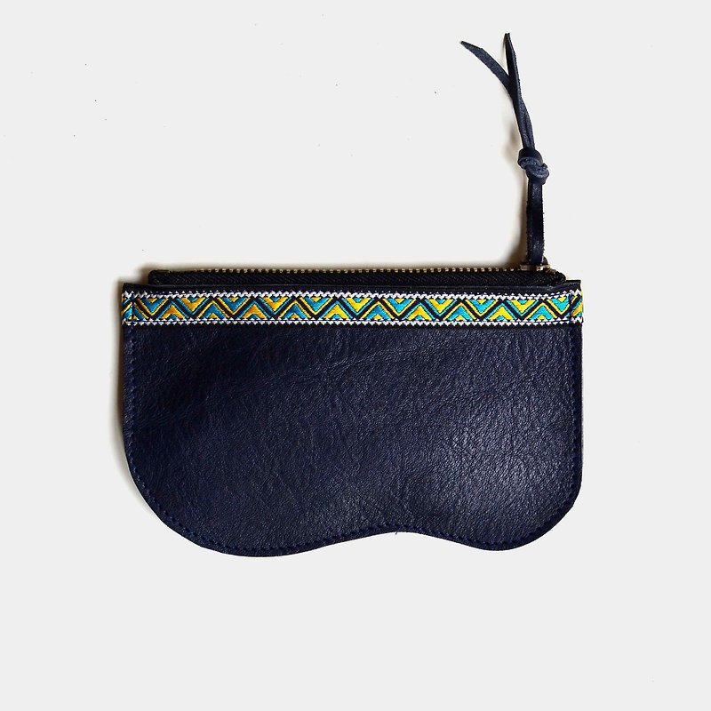 [Maya's Tips] Vegetable tanned cowhide coin purse, blue leather lettering, folk custom ethnic zipper - Coin Purses - Genuine Leather Blue