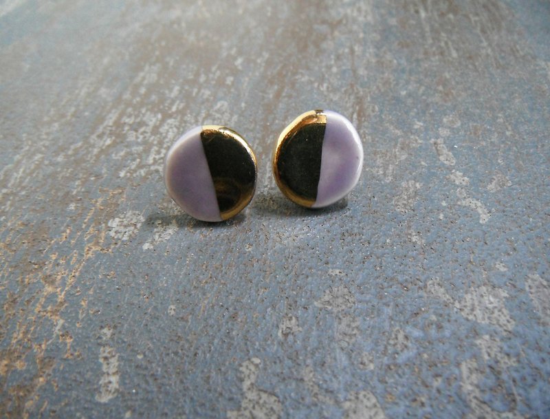 Golden round twin color earrings lavender - ต่างหู - ดินเผา สีม่วง