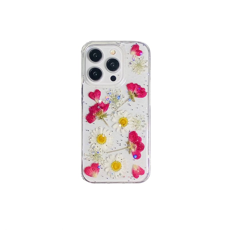 紅玫瑰白雛菊手工押花手機殼適用於iPhone 16 Pro Max SamsungS25 - 手機殼/手機套 - 植物．花 