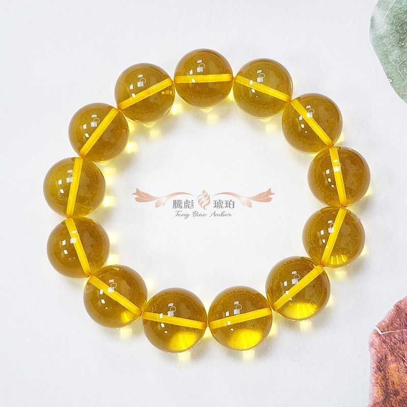 Tengbiao Amber Natural Golden Amber Crystal-Clear Grade Plain Single Strand Bracelet with Company Guarantee Card - สร้อยข้อมือ - เครื่องประดับพลอย สีเหลือง