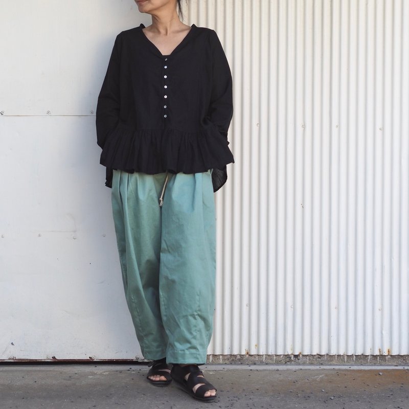 芥末黃 腰間蝴蝶結綁帶 繭形 氣球褲 - 女長褲 - 棉．麻 藍色