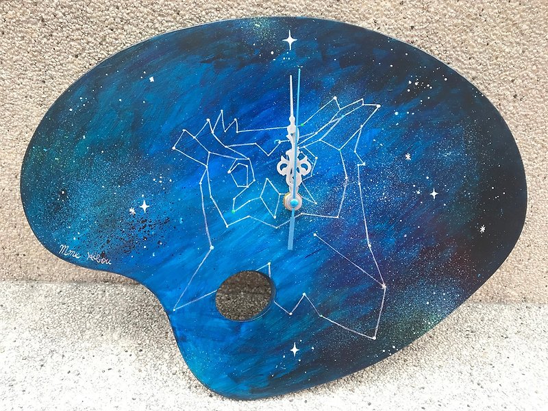 フクロウの星座手描き時計 - アーティストのパレット - 時計 - 木製 ブルー