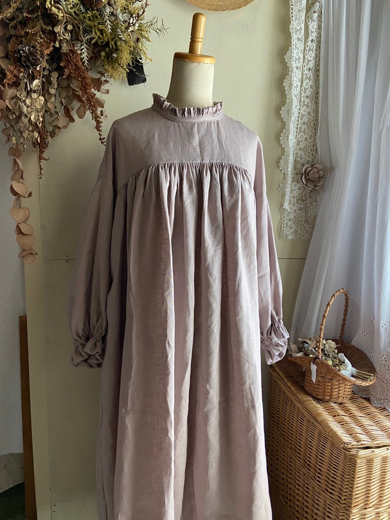 Dusty pink yoke gather dress with frills - One Piece Dresses - Cotton & Hemp Pink