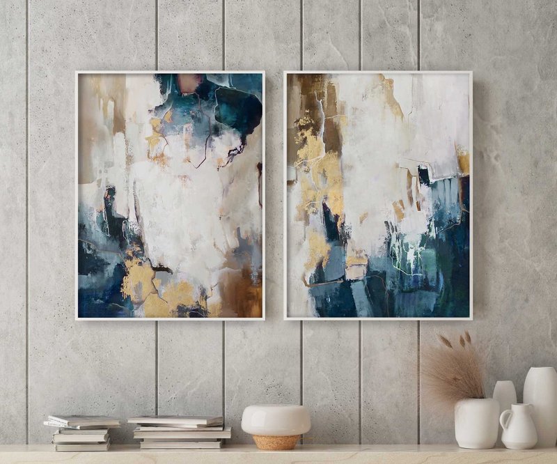 Teal and Gold Wall Art | Abstract Painting Navy Blue Gold Wall Art | Breeze Set - 壁貼/牆壁裝飾 - 棉．麻 藍色