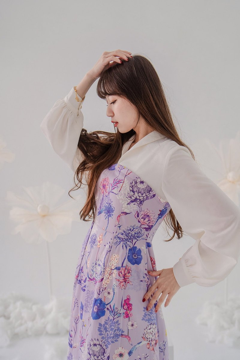 【波麗印花】原創國風 宮廷v領拼接 襯衫長洋裝 皇后紫 - 洋裝/連身裙 - 棉．麻 紫色