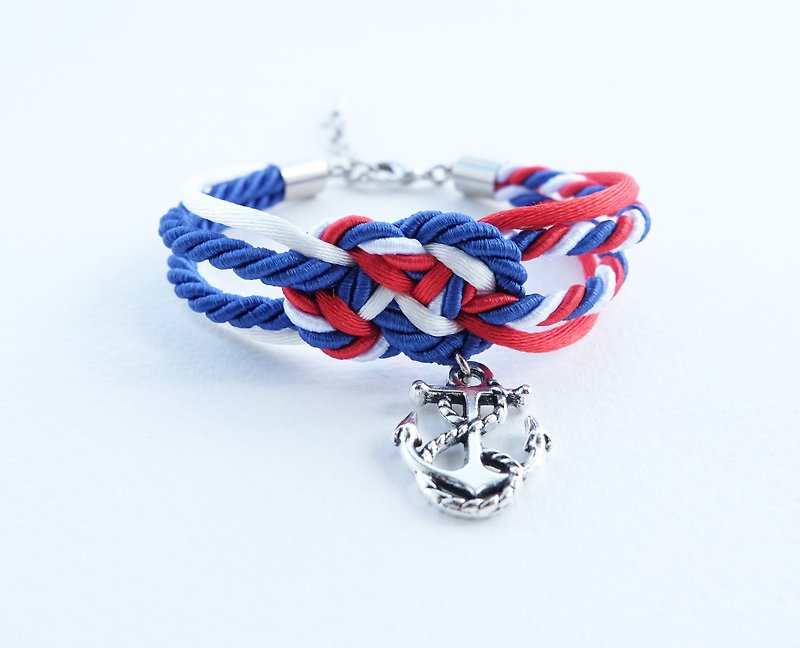 White/Red/Blue infinity knot rope bracelet with anchor charm - Bracelets - Other Materials Multicolor