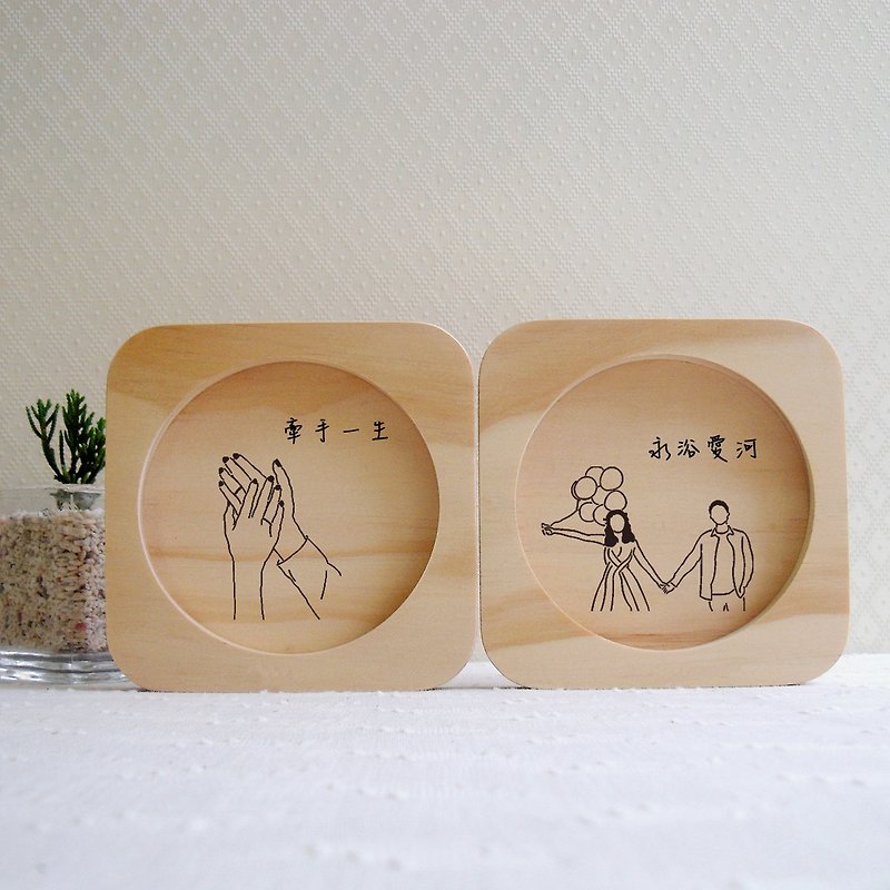 Congratulations to the newlyweds on the wedding gift hand stickers hand to ring holding hands happiness eternal bath love river solid wood temperature coaster - ที่รองแก้ว - ไม้ สีนำ้ตาล