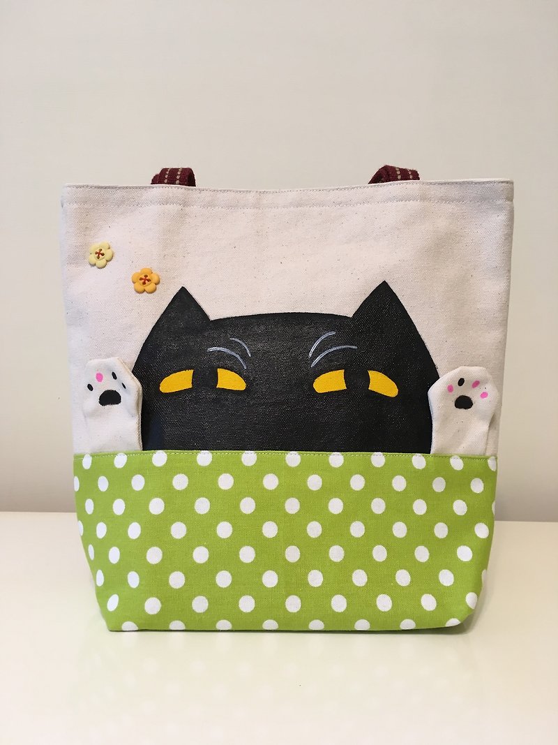 Good luck beckoning meow bag (green‧black pill) - กระเป๋าถือ - ผ้าฝ้าย/ผ้าลินิน 