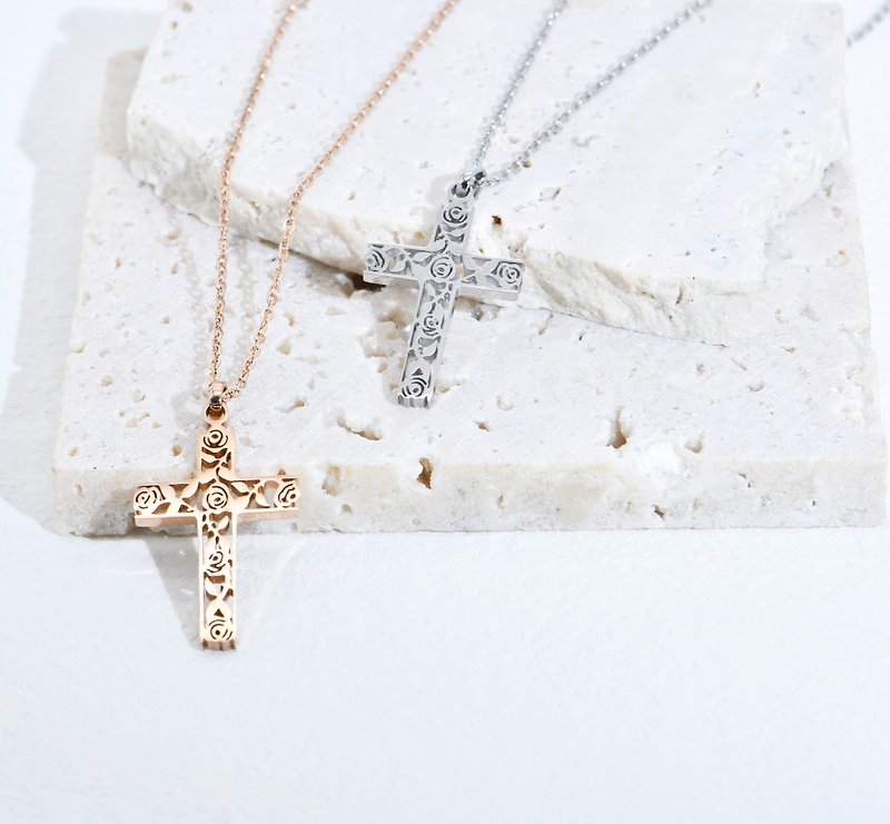 Stainless steel | Rose Cross Necklace - Necklaces - Stainless Steel 