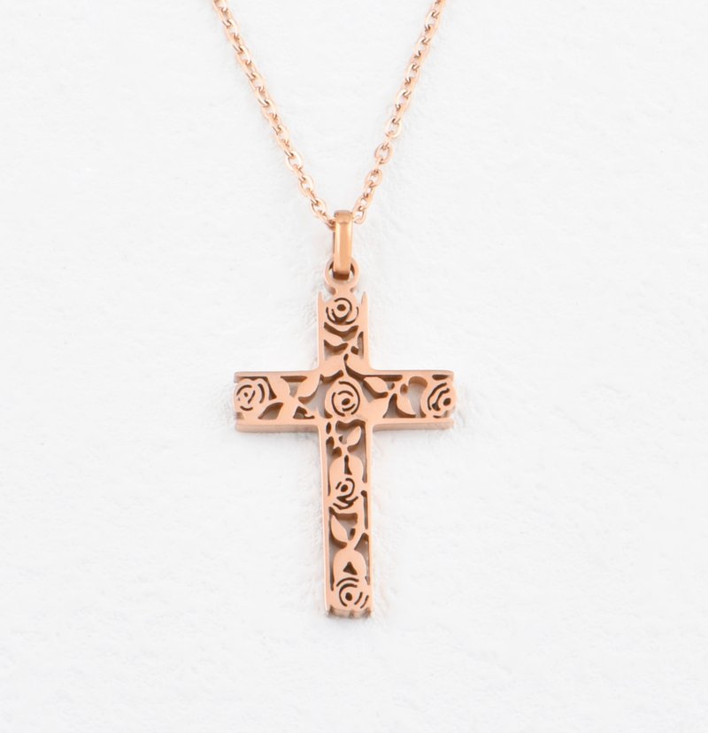 Stainless steel | Rose Cross Necklace - สร้อยคอ - สแตนเลส 